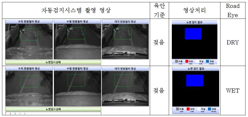 젖은노면 검지 결과 상호 비교(자동검지시스템&육안&Road Eye)