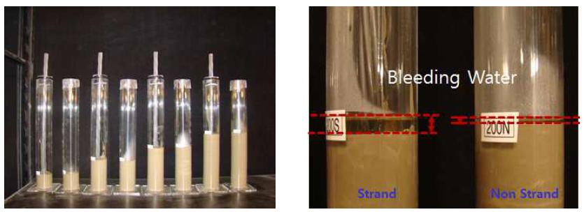긴장재 배치 유무와 시료 높이에 따른 블리딩 시험모습