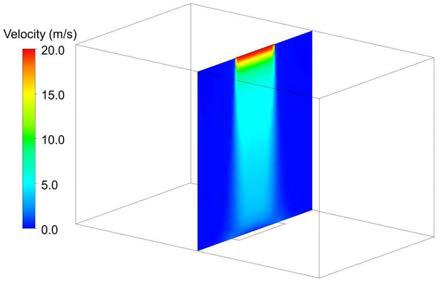 20 m/s의 급기노즐 분출속도에 대한 중앙단면의 속도분포