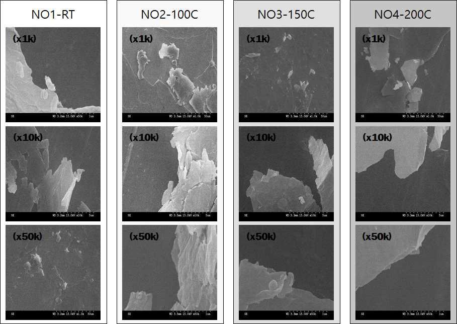 0.5g/L, V-10, T=3min 조건 시 열처리 온도에 따른 SEM 분석 결과