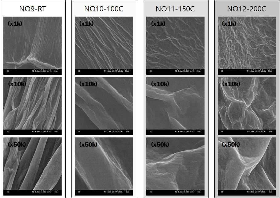 5.0g/L, V=10, T=1min 조건 시 열처리 온도에 따른 SEM 분석 결과
