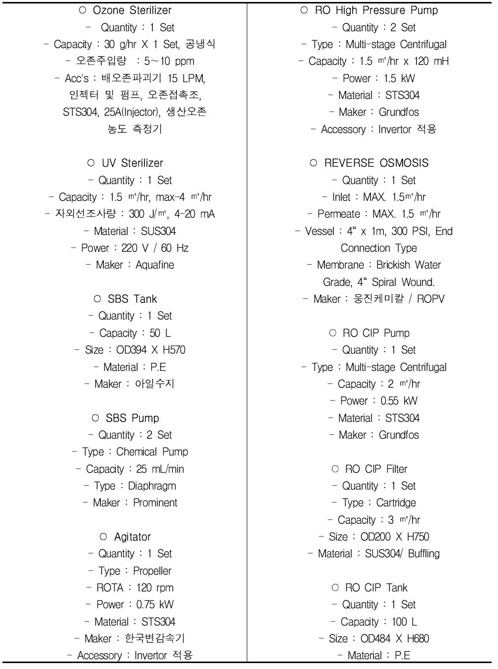 고도처리시스템의 공정 주요 장치 사양