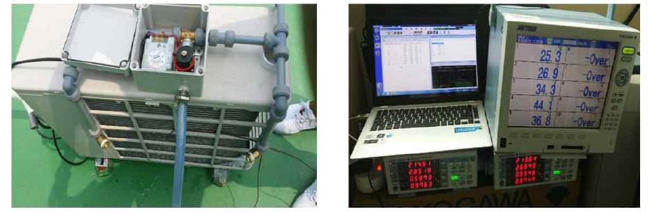 미스트분사형 고효율 실외기 적용 성능실험 토출부 상세(좌)와 측정장비(우)