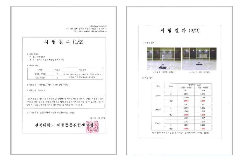 경량화 도로표지 풍동시험 결과서