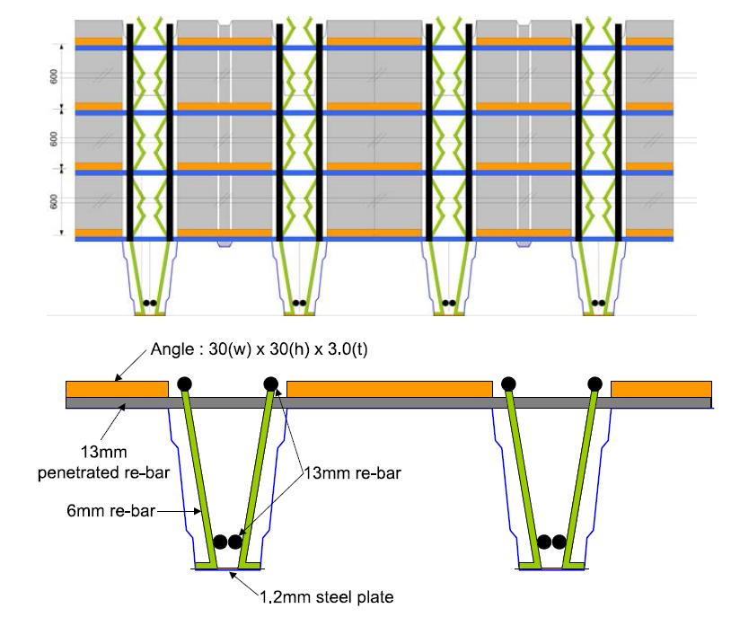 가로방향 지지철물 일체형 철근트러스 데크플레이트 실험체 철근 상세