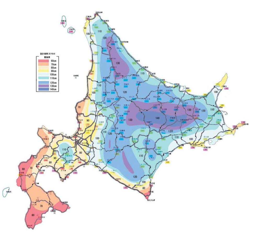 일본 홋카이도 20년 주기(1980∼2000년) 동결치환깊이 분포도