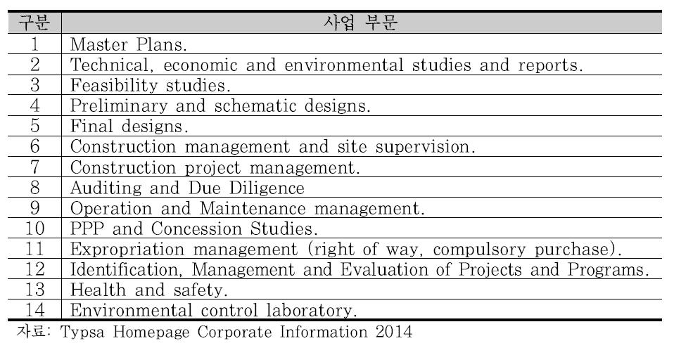 Typsa의 전문 사업 분야