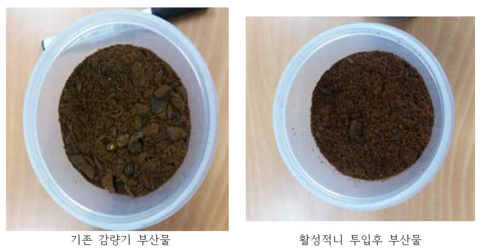 활성적니 투입여부에 따른 부산물 상태 비교