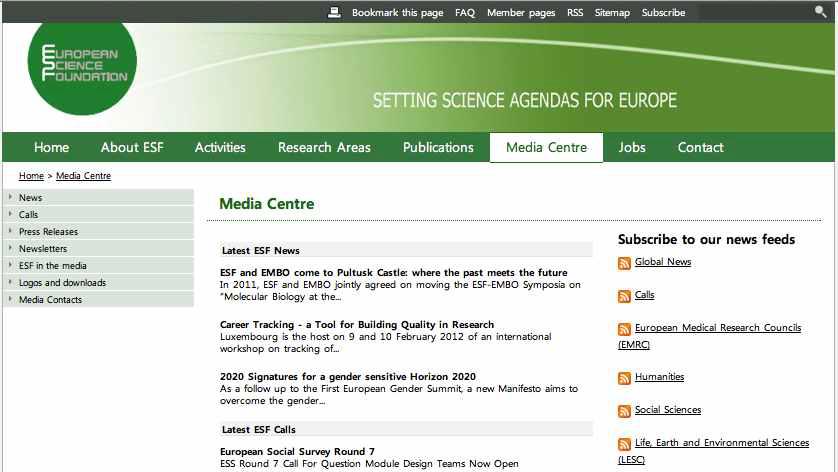 유럽 과학재단(ESF) 웹사이트
