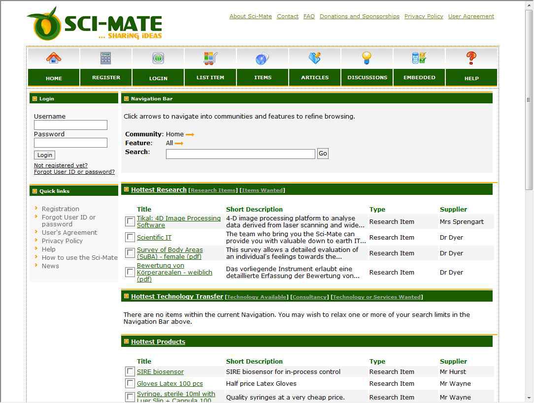 SCI-MATE 사이트 화면