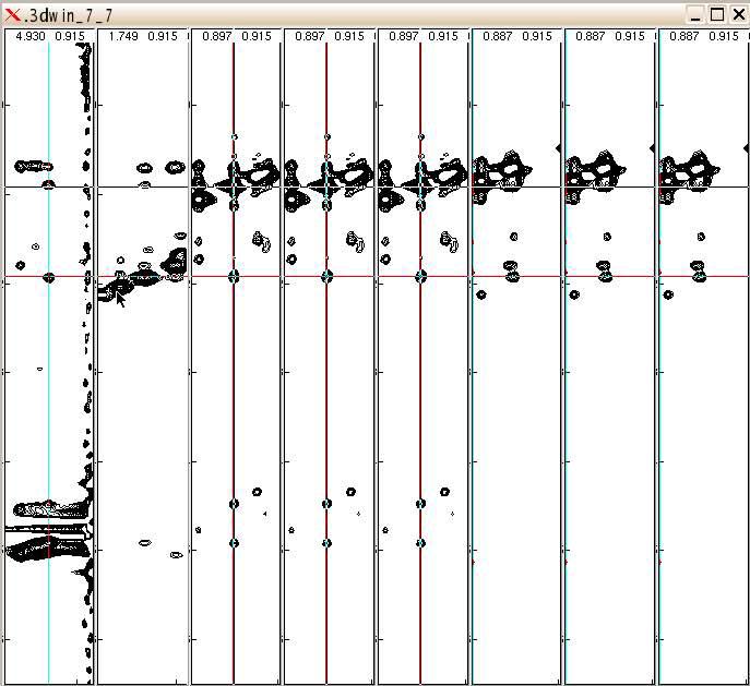 지정된 하나 이상의 잔기의 모든 side-chain 수소에 대하여 해당 13C 의 ppm 값을 assignment table에서 자동적으로 찾아 13C-NOESY 의 strip 을 pup-up 시켜주는 스크립트의 실행예 (Nck2 단백질의 Val 7번 잔기에 대하여)