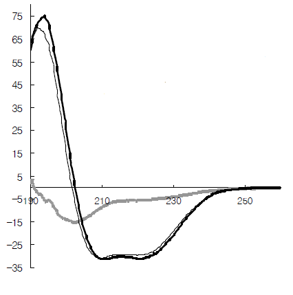 GGN1의 서로 다른 용매에서의 far-UV CD 스펙트럼: 완충수용액 (굵은 회색선), 50%TFE/ water (얇은 실선), SDS micells (굵은 실선)