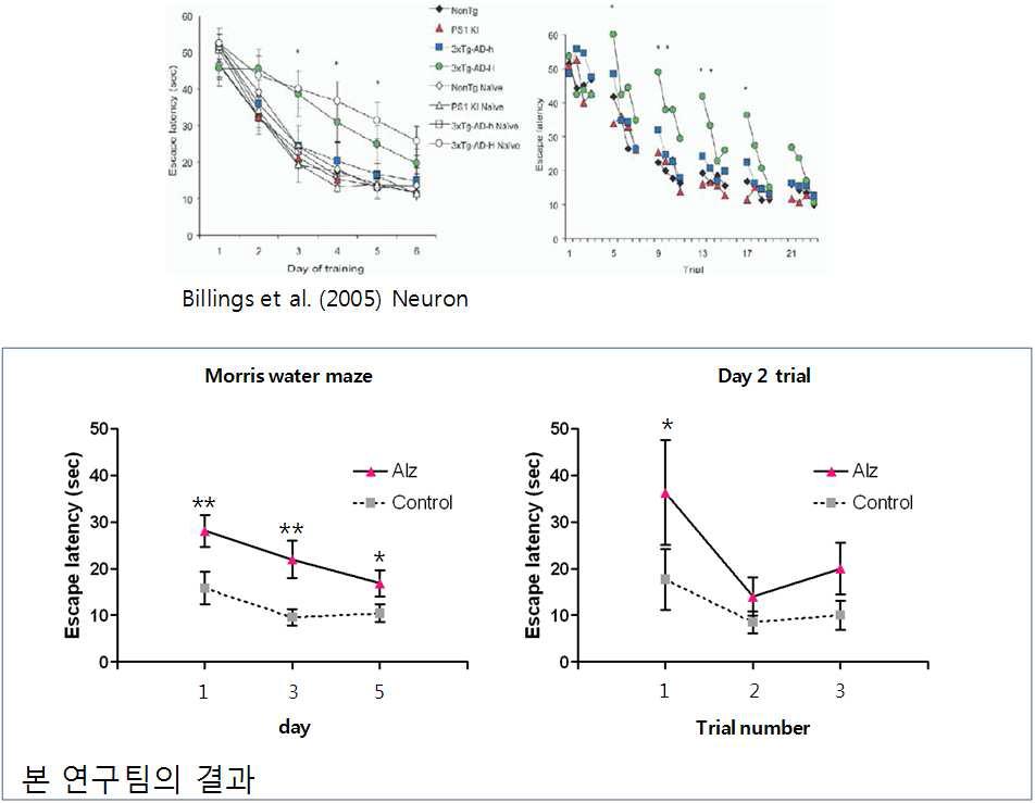 3X-Tg AD mice의 최초 보고 논문에 제시된 behavior와 본 연구팀에 의한 behavior test 비교
