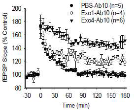 Exosome의 양 (0, 1, 4 μg)에 따른 Aβ oligomer의 LTP 저해 효과에 미치는 영향