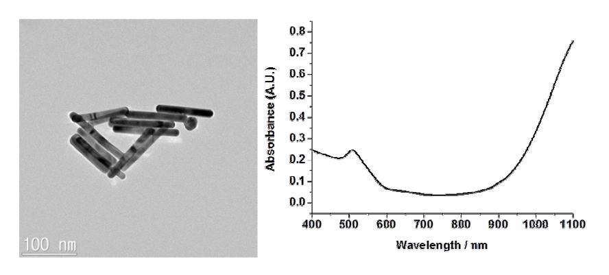 높은 종횡비를 갖는 금 나노막대입자의 TEM 이미지(좌) 및 UV-vis 분광 스펙트럼(우)