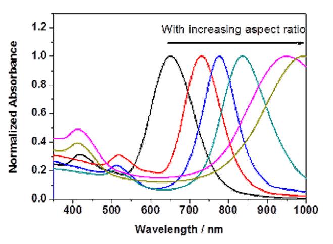 다양한 종횡비를 갖는 금 나노막대입자의 UV-vis 분광 스펙트럼