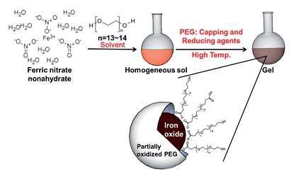 PEG를 표면 리간드와 반응 용매로 동시에 활용하여 합성한 산화철 나노입자의 반응 모식도