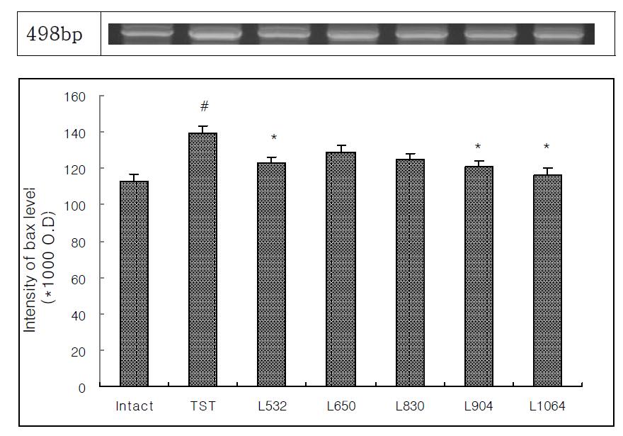 Effect of laser acupuncture treatment according to wavelength on the Bax level in pain model rat induced tibial and sural nerve transection(TST)