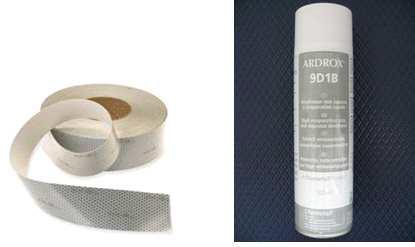 변환기 표면 처리를 위한 미세한 유리 구슬 입자로 만든 Reflective Tape (좌측) 과 ARDROX Spray (우측).