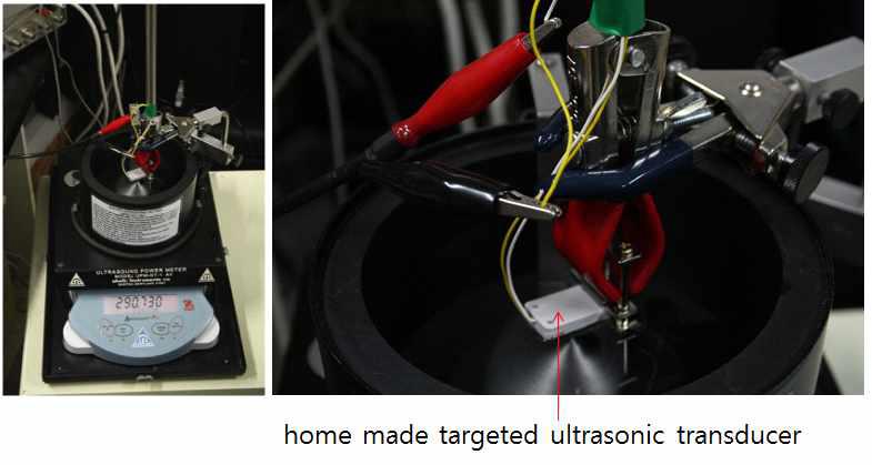 Ultrasonic power measurement for a targeted ultrasonic transducer (employed in the ultrasonic eye patch constructed in the present study) using conventional ultrasound power meter (UPM-DT-1 AV, Ohmic Instr. CO. USA)