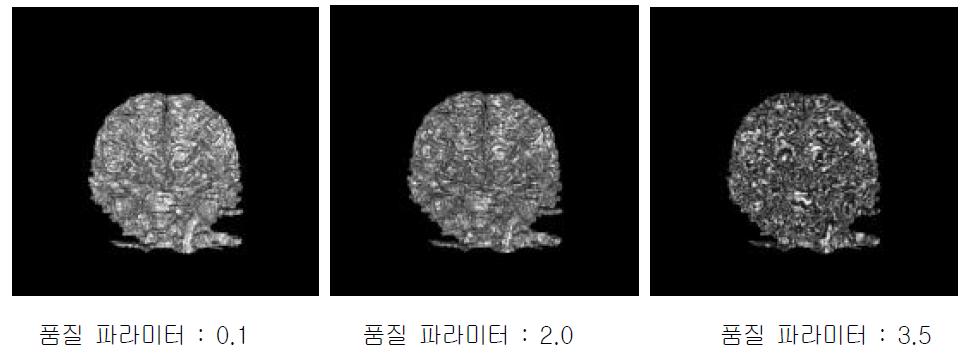 가우시안 필터 적용 전에 VTK 품질 파라미터 값 변화에 따른 3D 영상화 렌더링 결과