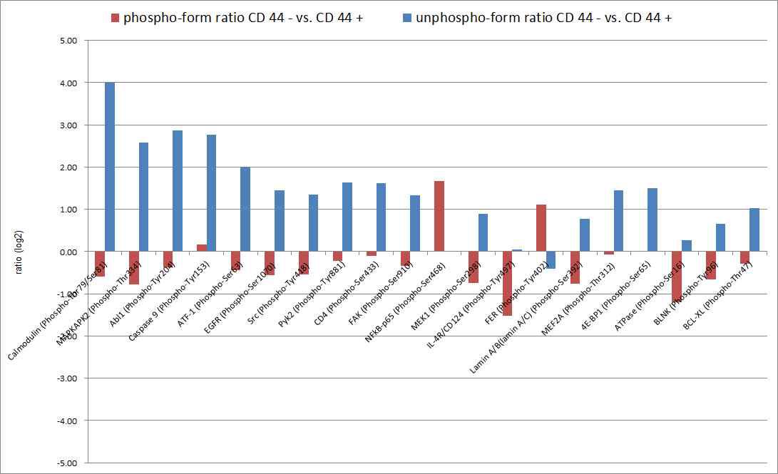 CD44High/CD44Low 세포사이에 intensity ratio 차이가 큰 20개의 antibody