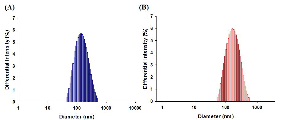 자기 조립형 나노미셀의 크기 분석; (A) mPEG(2k)-b-PPADT 나노미셀 및 (B) mPEG-b-PPADT 나노미셀