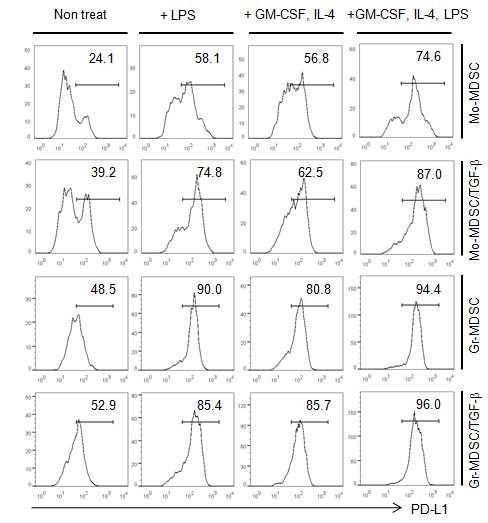 TGF-β 유무에 따른 골수세포에서 유래된 MDSC subpopulation의 PD-L1 발현 FACS 분석