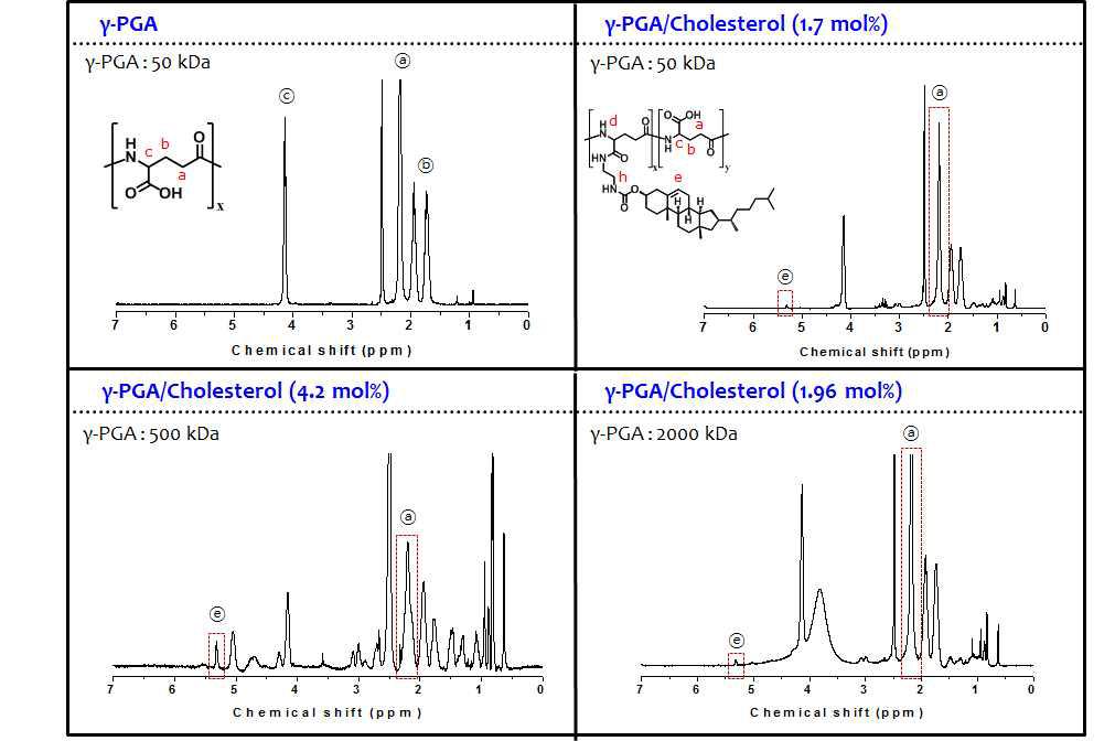 폴리감마글루탐산의 분자량에 따른 콜레스테롤 도입량의 1H-NMR 결과