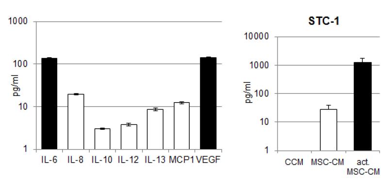중간엽줄기세포 배양액 내에서 multiplex cyokine assay를 하여, IL- 6, VEGF, STC- 1 의 농도가 높음을 확인하였음.