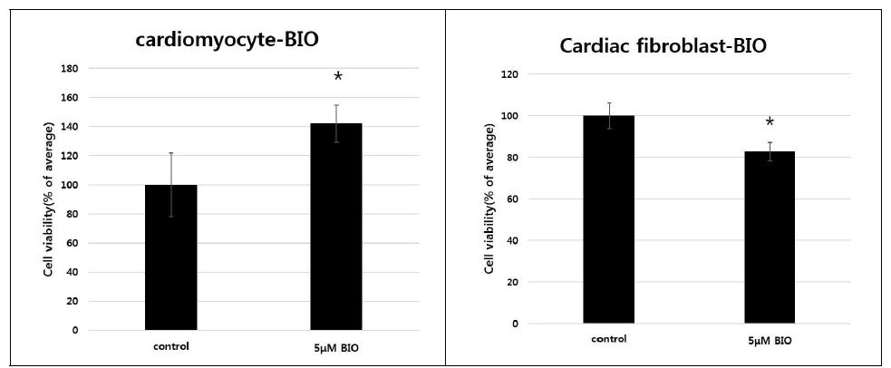 BIO 처리 후 심근세포와 심근섬유세포의 생존정도를 수치화한 그래프.