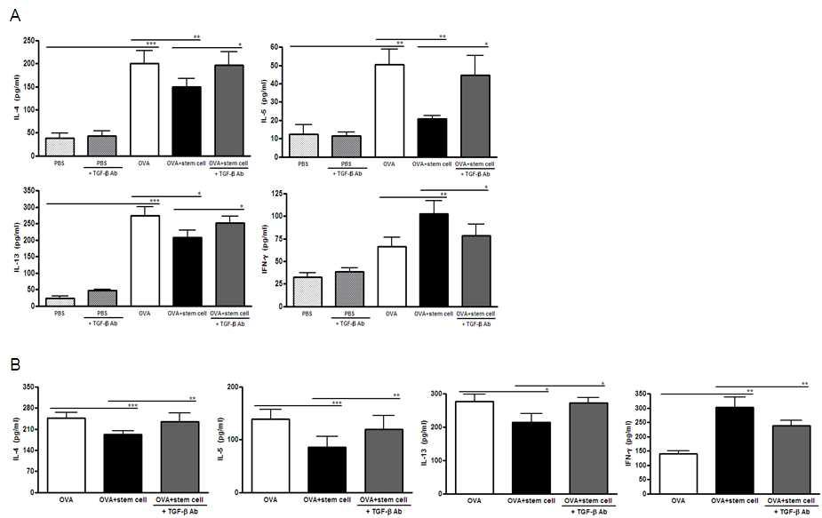 BALF와 lung draining lymph node에서의 Th1, 2 염증성 사이토카인의 농도(TGF-β blocking 모델)