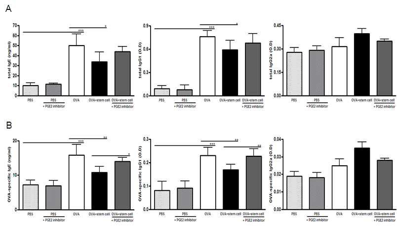 혈청 내 OVA-specific IgE, IgG1, IgG2a 농도 차이(PGE2 blocking 모델)