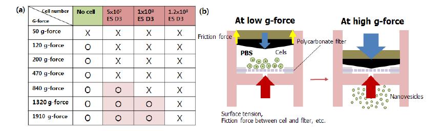 (a) 세포 개수에 따른 세포의 필터 통과 여부. (b) 낮은 원심력에서는 세포가 필터를 통과 하지 못하고 필터 위에 쌓인 후 높은 원심력이 적용 되면 피스톤에 의해 세포가 필터를 통과 하는 모습.