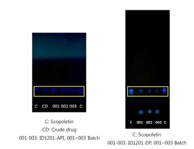 TLC 시험법에 의한 원료의약품 및 완제의약품의 확인시험 결과