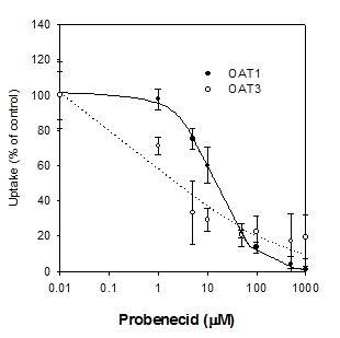 Inhibitory effect of probenecid(0.01-1000uM) on the uptake of 0.5M [14C]para-aminohippuric acid (PAH; a substrate for OAT1) and 50nM [3H]estrone-3-sulfate (ES; a substrate for OAT3) in HEK293 cells overexpressing OAT1 and OAT3. Each data point represents the mean±SD of three independent experiments. Data were fitted to an inhibitory effect Sigmoid Emax model and the IC50 value was calculated.