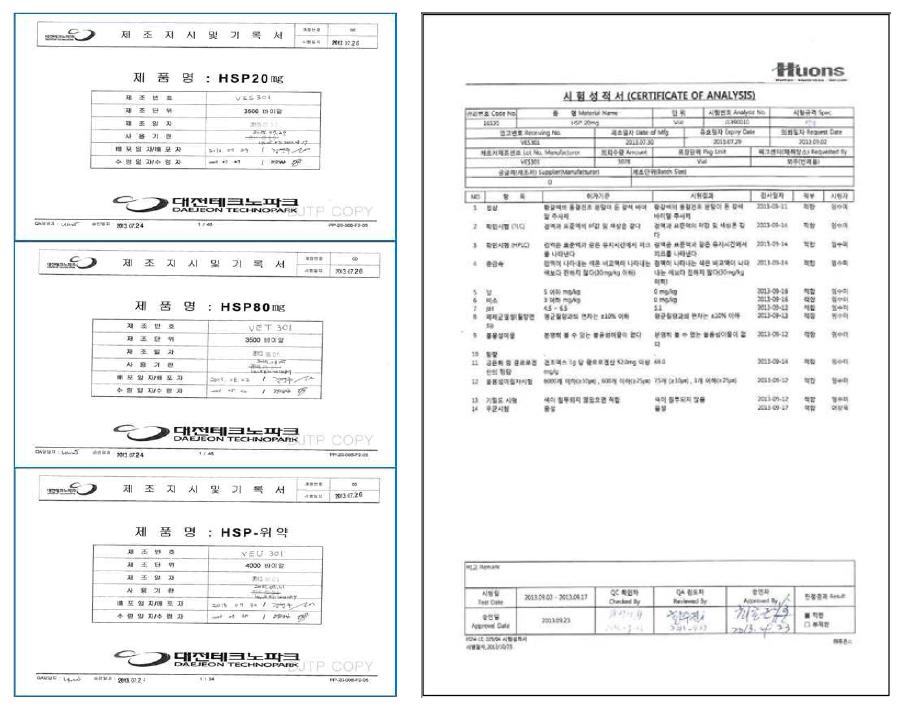 완제 제조지시 및 기록서, 시험성적서