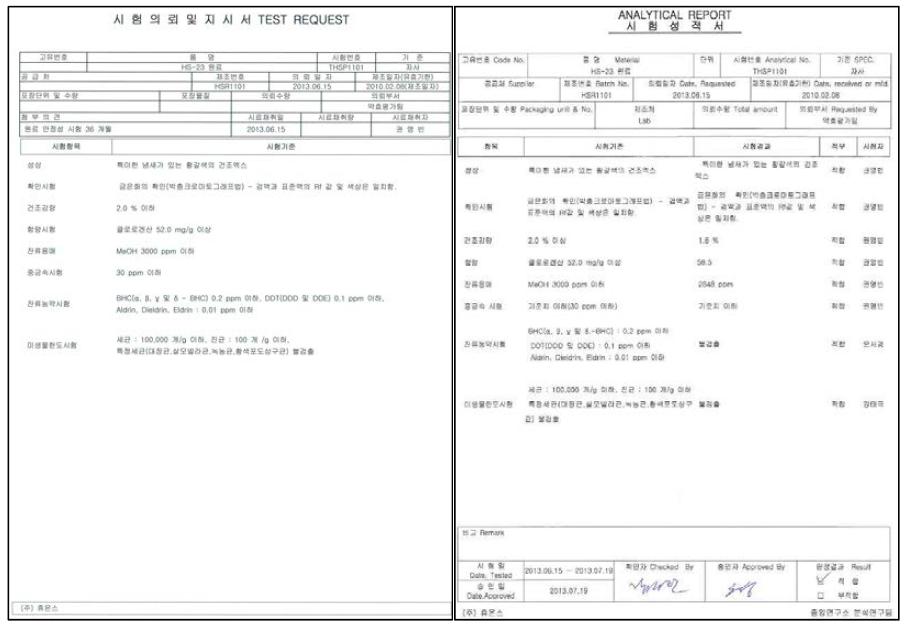 원료 안정성 36개월 완료 시험의뢰 및 지시서(좌), 시험성적서(우)