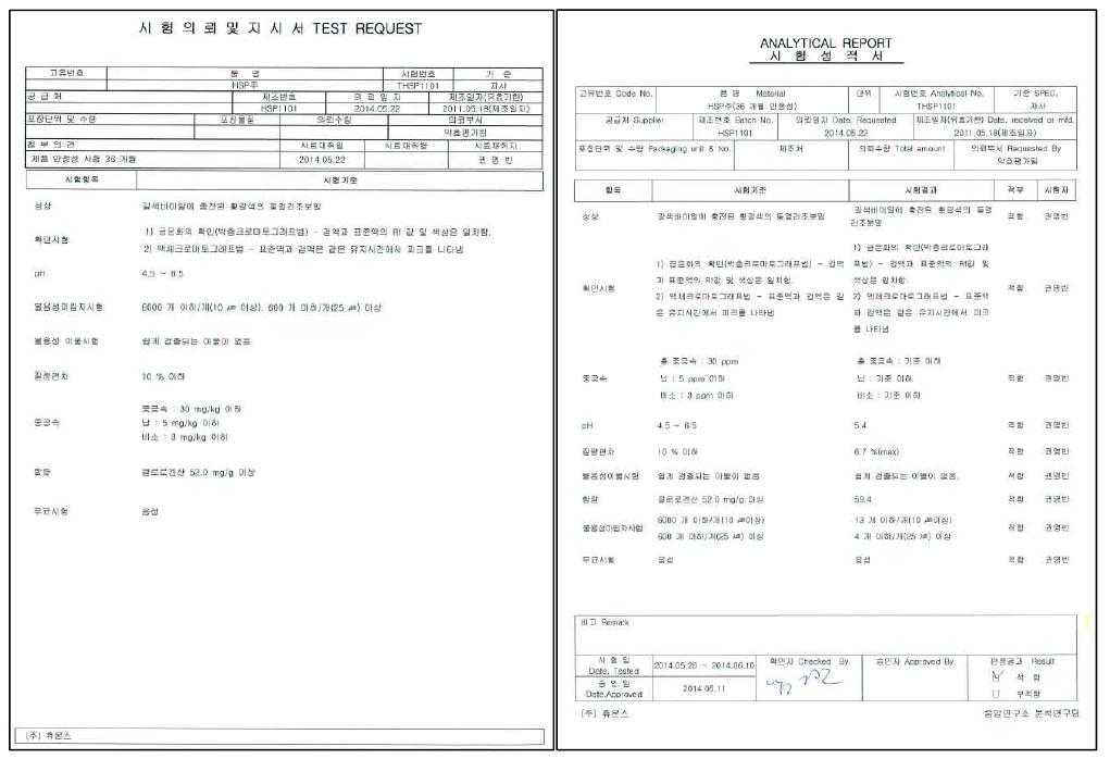 제품 안정성 36개월 완료 시험의뢰 및 지시서(좌), 시험성적서(우)