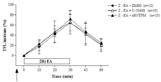 Effect of intraperitoneal pretreatment (arrow) with κ-opioid receptor (OR) agonist (±)-U-50488 (Z-EA+U-50488, 3 mg/kg, i.p.,n=10) or κ-OR antagonist nor-binaltophimine (Z-EA + nBNTPM, 20mg/kg, i.p., n=10) on the analgesic effects of 2-Hz Zusanli electroacupuncture (Z-EA+DMSO, n=10)