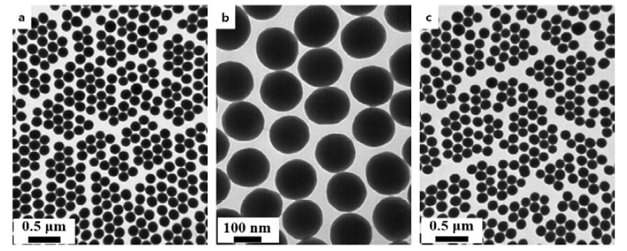 (a, b) SERS Dot 전구체로 사용될 실리카 나노입자 합성 및 (c) Thiol기로 표면개질된 실리카 나노입자의 TEM 사진