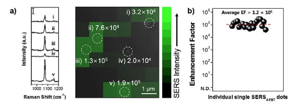 4-fluorobenzenethiol (4-FBT)의 라만 케미칼이 표지된 SERS Dots의 개별 단일 나노입자의 SERS 신호 증강계수 (Enhancement factor: EF) 측정 및 분포. a) 개별 단일 SERS Dots의 라만 스펙트럼 및 SERS 신호 세기 이미지, b) 23개의 단일 나노입자의 SERS 신호 증강계수 분포