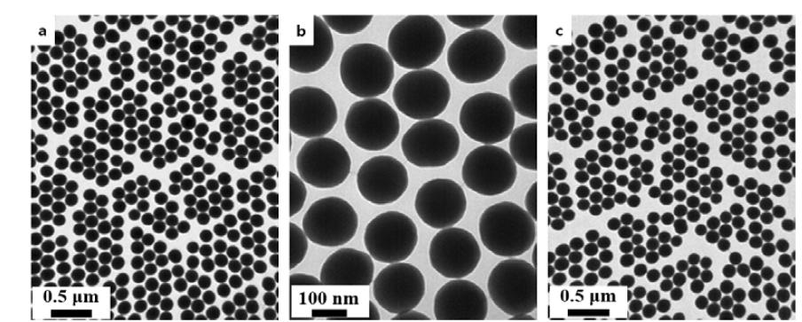 (a, b) SERS Dot 전구체로 사용될 실리카 나노입자 합성 및 (c) Thiol기로 표면개질된 실리카 나노입자의 TEM 사진.