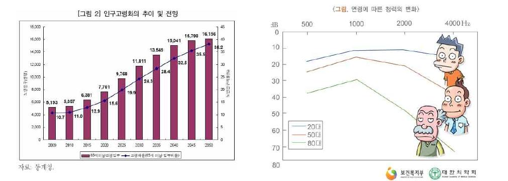 현재 우리나라의 고령화 인구의 비율 및 청력 변화