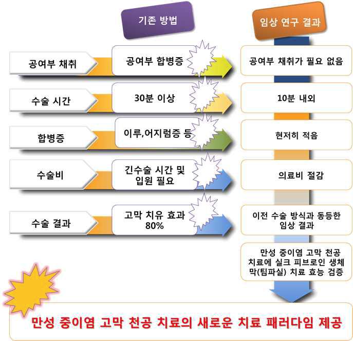 실크 피브로인 패치술에 의한 기존 만성 중이염 고막 천공 치료와의 차별성