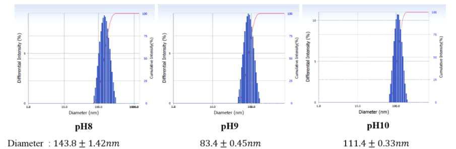 약물 담지 나노입자의 pH에 따른 크기 분포