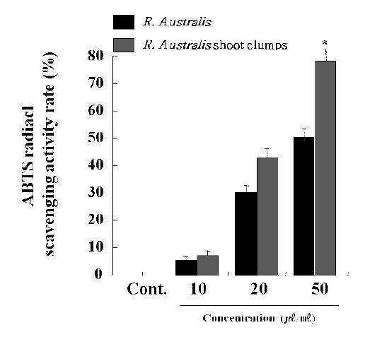 ABTS radical scavenging activities of extracts from the natural Raoulia australis and the tissue-cultured Raoulia australis shoot clumps.