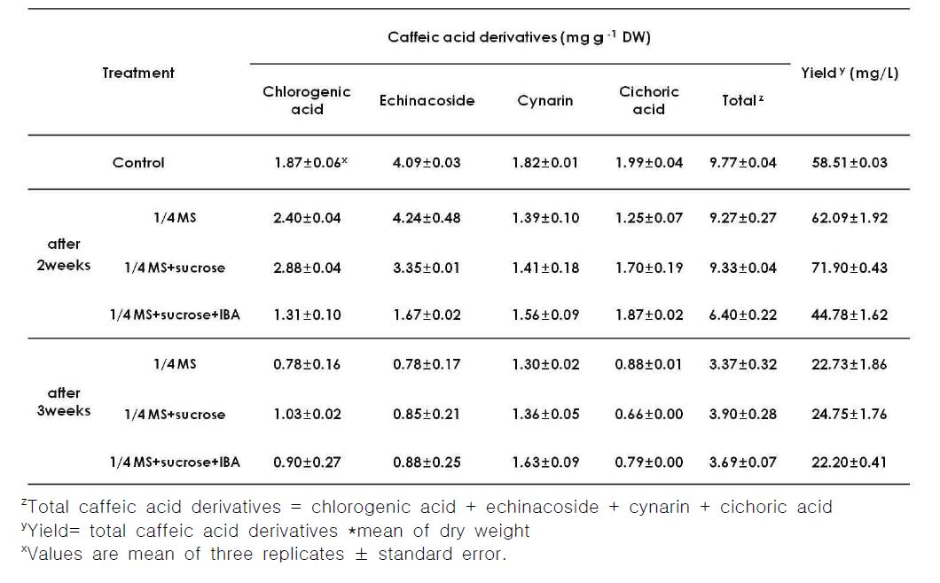 Contents of caffeic acid derivatives in the adventitious roots of E. angustifolia as affected by medium replenishment after 5 weeks of bioreactor culture.