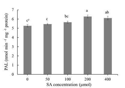 PAL activity in the PLBs of Den. candidum as affected by salicylic acid concentration for 1 week. Bars represent means ± S.E. (n=3). zMean separation within columns by Duncan’s multiple range test at 5% level.