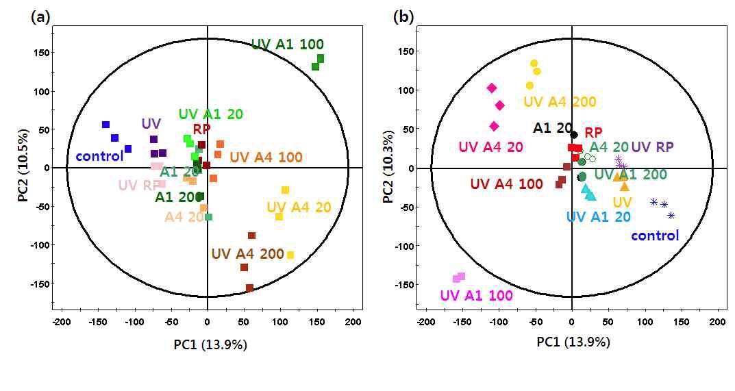 GC-TOF-MS 분석에 의한 UVB 조사 및 알로에 샘플 처리에 따른 대사체 변화양상 (a) PCA score plot, (b) PLS-DA score plot.